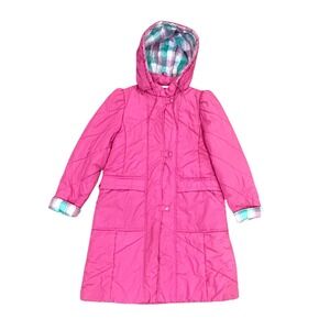 VTG 90s Sears girls Pink Quilted Puffer Coat with Plaid Lining Hood and Cuffs 16